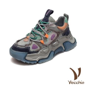 【VECCHIO】老爹鞋 運動鞋/全真皮頭層牛皮寬楦繽紛網布拼接厚底個性老爹鞋 運動鞋 藍