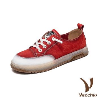 【VECCHIO】休閒鞋 平底休閒鞋/全真皮頭層牛皮寬楦軟皮舒適撞色平底休閒鞋 紅