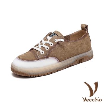 【VECCHIO】休閒鞋 平底休閒鞋/全真皮頭層牛皮寬楦軟皮舒適撞色平底休閒鞋 卡其