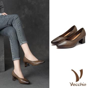 【VECCHIO】跟鞋 高跟鞋/全真皮頭層牛皮復古擦色優雅尖頭V口高跟鞋 綠