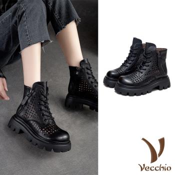 【VECCHIO】馬丁靴 粗跟馬丁靴/全真皮頭層牛皮縷空洞洞手工擦色粗跟馬丁靴 黑