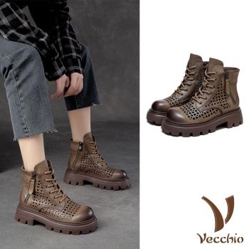 【VECCHIO】馬丁靴 粗跟馬丁靴/全真皮頭層牛皮縷空洞洞手工擦色粗跟馬丁靴 卡其