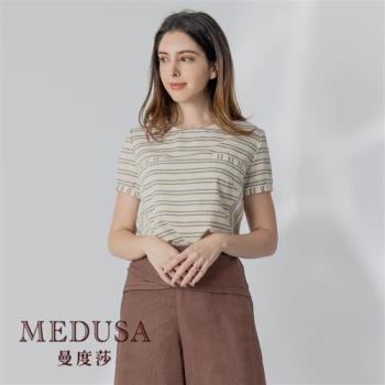 現貨【MEDUSA 曼度莎】台灣製 米黃橫紋休閒上衣（M-2L）｜女上衣 短袖上衣 加大尺碼
