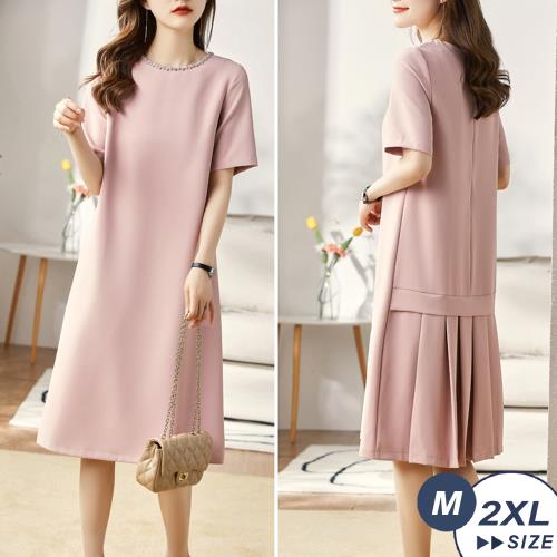 【LANNI 藍尼】現+預 輕奢簡約純色水鑽拼接連身裙(春夏/圓領連衣裙/短袖連身長裙/後背百褶裙襬設計)