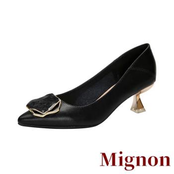 【Mignon】跟鞋 真皮跟鞋/真皮頭層牛皮小尖頭幾何縷空多邊形釦飾跟鞋 黑