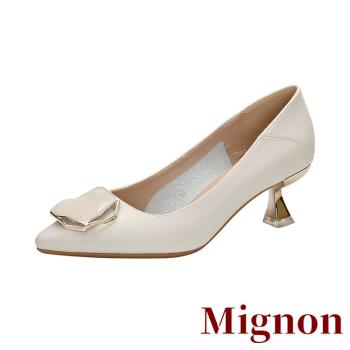 【Mignon】跟鞋 真皮跟鞋/真皮頭層牛皮小尖頭幾何縷空多邊形釦飾跟鞋 杏
