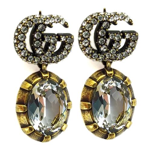 GUCCI 水晶雙G搭古銅金色水晶吊飾耳環