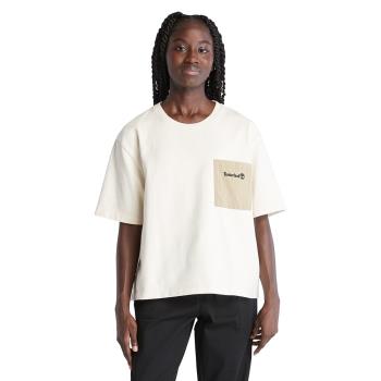 Timberland 女款復古白拼接口袋寬鬆短版短袖T恤A6AASCM9