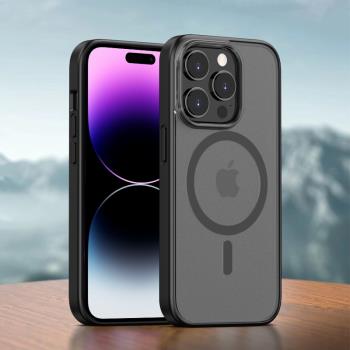 魔影磁吸適用iphone15promax手機殼case磨砂全包靜音按鍵鈦灰藍色蘋果14pro高階感透明13PM防摔magsafe保護套