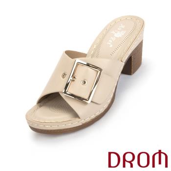 【DROM】拖鞋 高跟拖鞋/舒適寬楦金屬釦飾造型高跟拖鞋 杏