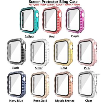 適用iwatch2/3/4/5/6代SE電鍍鑲鉆+鋼化膜一體表殼蘋果手表保護殼