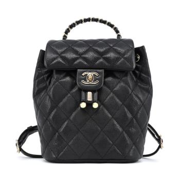 CHANEL 經典雙C LOGO菱格小牛皮雙肩後揹包 (小號/黑色)