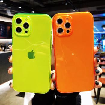 簡約純色11黃色橙色12熒光綠色蘋果13手機殼適用iPhone14promax攝像頭全包防摔XS保護套78plus精孔透明軟殼XR