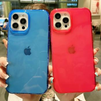 純色熒光色XS藍色粉色玫紅蘋果7plus/8手機殼適用iPhone13promax氣墊空壓11防摔XR加厚保護套SE2透明殼12mini