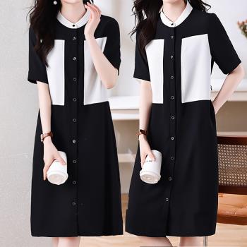 麗質達人 - 1133黑白拼色假二件短袖洋裝