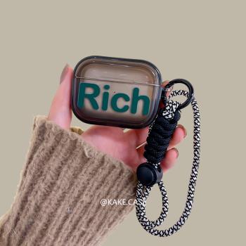 rich黑色airpods4保護套蘋果藍牙耳機殼2代透明3代矽膠pro創意英文airpodspro第二代黑色文字好運全包防摔軟