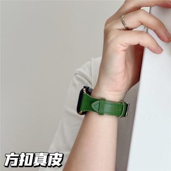 適用蘋果手表表帶applewatch8平紋真皮方扣iwatch76SE254男女商務