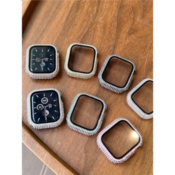適用蘋果手表保護殼8閃滿鉆PC鋼化膜殼一體applewatch7-1百搭簡約