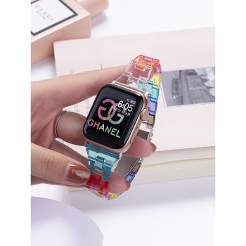 適用iwatch7手表applewatch8表帶S8彩虹S7樹脂watchs智能SE女款s6透明6創意5小眾4高級ultra冰川3代蘋果運動