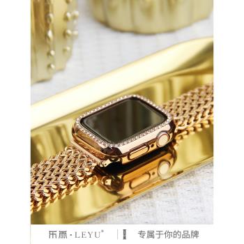 樂雨適用於蘋果手錶s9保護殼iwatch7/8/9/10代保護套apple watch6硬殼5/4電鍍ultra鑲鉆半包表殼女款高階鏤空