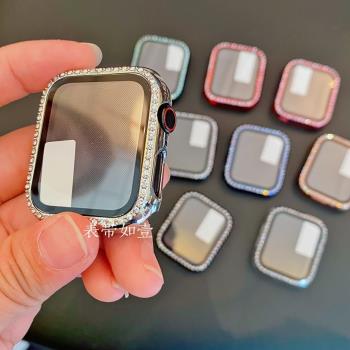 適用Applewatch8蘋果手表iwatch7654鋼化膜一體SE鑲鉆保護殼ultra