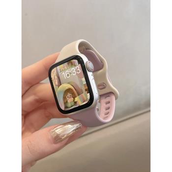 適用iwatch8表帶蘋果手表applewatch7運動硅膠雙色女新款潮透氣柔軟s6543/se2代41/45mm夏季蝴蝶扣拼撞色個性