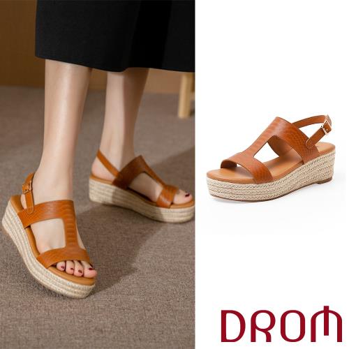 【DROM】涼鞋 厚底涼鞋 /歐美復古時尚工字皮紋草編坡跟厚底涼鞋 棕