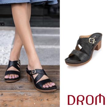 【DROM】拖鞋 高跟拖鞋/舒適寬楦縷空刻花一字交叉造型高跟拖鞋 黑