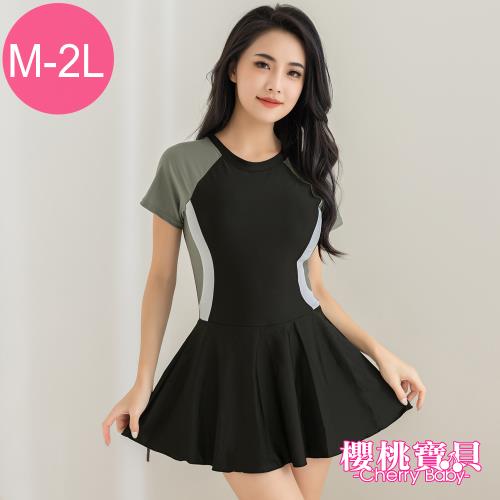 Cherry baby 日落海洋。(M -2L) 修身顯瘦遮肚連身裙泳裝(附泳帽)/游泳/ SPA/泡溫泉/休閒_黑色