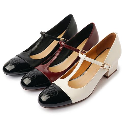 【JP Queen New York】花朵刺繡拼色圓頭T字都會真牛皮粗跟鞋(3色可選)