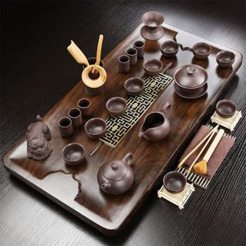 【大方向】實木茶盤陶瓷黑紫砂茶具21件組