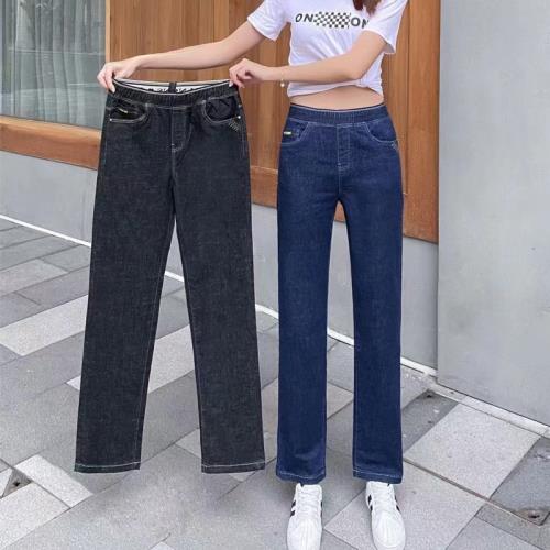 寬松直筒牛仔褲女2023年夏季新款胖mm松緊高腰中年媽媽超薄長褲子