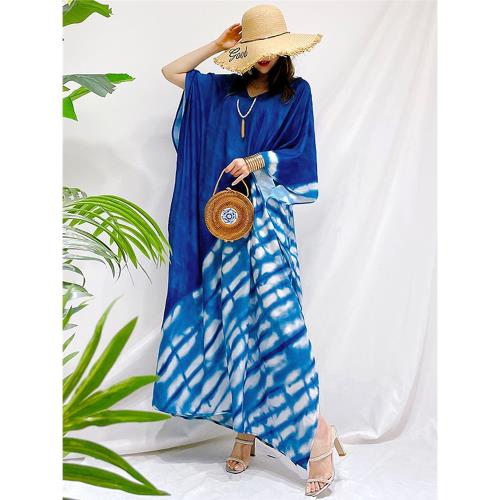 新款扎染寬松長裙長袍沙漠三亞旅游拍照海邊度假沙灘裙連衣裙女夏