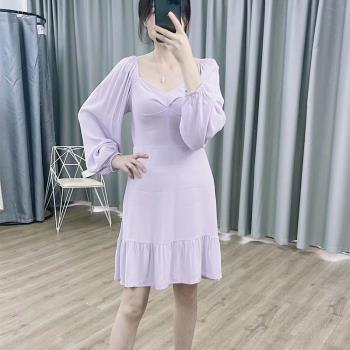 MK諾諾成熟紫色泡泡袖方領連衣裙