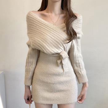 交叉韓國chic系帶收腰顯身材毛衣