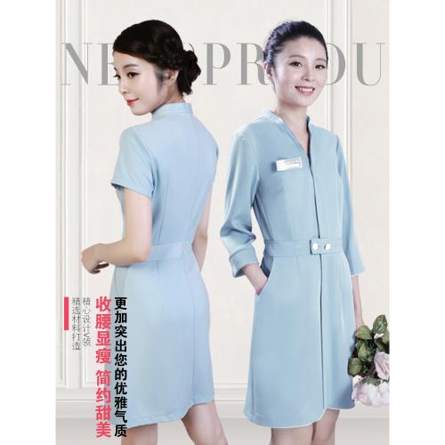 多恩美容師工作服女高端美容院修身連衣裙春夏養生館技師工裝氣質