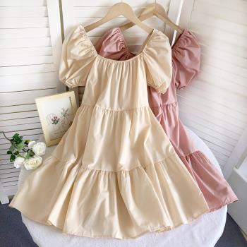 復古方領純色顯瘦荷葉邊連衣裙