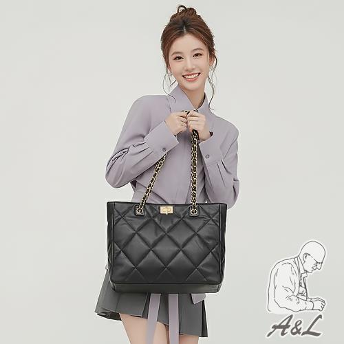【A&L老工匠】進口羊真皮Babs菱格鏈帶包肩背包-時尚黑