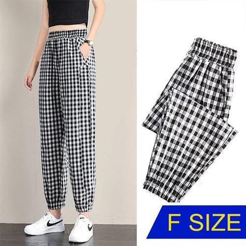 【韓國K.W.】心動絕對英倫格紋修飾臀圍褲(棉麻褲 寬褲 女褲 長褲 九分褲)