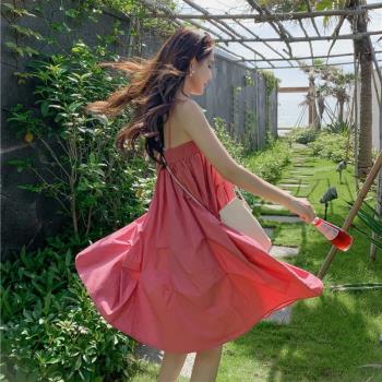 褶皺夏季小眾紅色吊帶裙