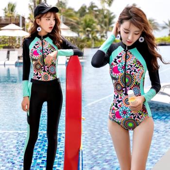 韓國拉鏈長袖防曬泳衣女大碼連體保守水母衣潛水服浮潛沖浪服泳裝