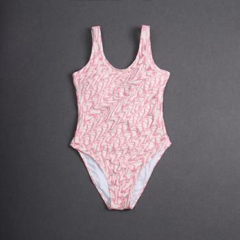 新款女士三角連體泳衣全身印花字母圖案粉色漏后背性感修身親子款