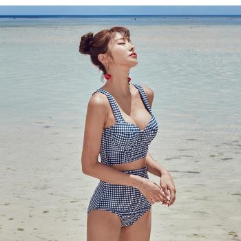 韓國新款阿沁同款復古格子鋼托聚攏高腰遮肚顯瘦性感分體游泳衣女