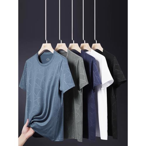 買到偷笑！冰絲幾何印花短袖T恤男夏季中年休閑半袖速干健身服裝