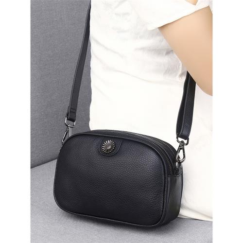 2025年新品女包小眾設計頭層牛皮雙拉鏈真皮小圓包軟皮單肩斜挎包