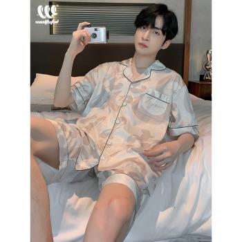 男士青少年奢華模擬絲中國風睡衣
