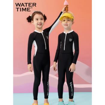 watertime兒童泳衣夏中大童男孩防曬連體長袖長褲女童保暖潛水服