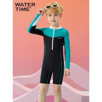WaterTime兒童泳衣男孩2023新款長袖拼接保暖泡溫泉男童連體泳裝