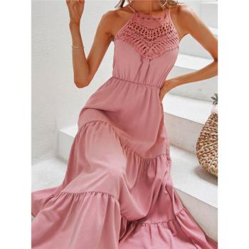 2023夏季新款泰國法式高級感粉色鏤空沙灘吊帶連衣裙海邊度假長裙