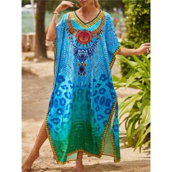 2023夏季新款泰國巴厘島旅游藍色豹紋沙灘連衣長裙顯瘦海邊度假風